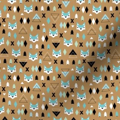 Geometric fox and pine tree illustration pattern brown mint boys XS