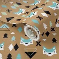 Geometric fox and pine tree illustration pattern brown mint boys XS