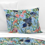 18" Watercolor hand drawn pattern - Blue Jay Bird In Flower Jungle on blue