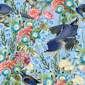 18" Watercolor hand drawn pattern - Blue Jay Bird In Flower Jungle on blue