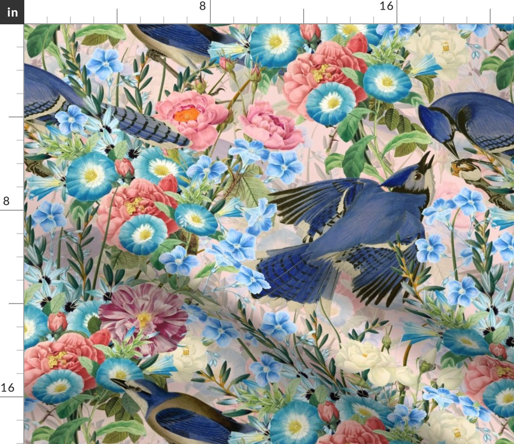 18" Watercolor hand drawn pattern - Blue Jay Bird In Flower Jungle on blush pink