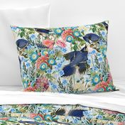 18" Pierre-Joseph Redouté roses and flowers and Blue Jay Bird In Flower Jungle,white