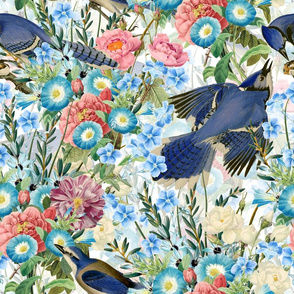 18" Pierre-Joseph Redouté roses and flowers and Blue Jay Bird In Flower Jungle,white