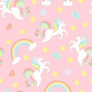 unicorns, stars, birds, rainbow on pink