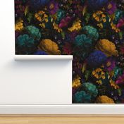 Vintage Summer Romanticism: Maximalism heritage moody Florals - Antiqued burgundy Roses and Nostalgic Gothic Mystic Night 3- Antique Botany Wallpaper and Victorian Goth Mystic inspired black
