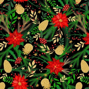 Winter Christmas poinsettia flowers and gold pine cones on black background