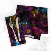 Vintage Blue  Purple Summer Night Romanticism: Maximalism Moody Florals  for a powder room - Antiqued purple Roses and Nostalgic - Gothic Mystic Night-  Antique Botany Wallpaper and Victorian Goth Mystic inspired 