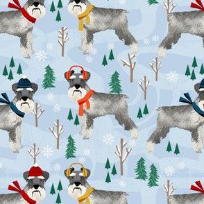 winter schnauzer dog pattern fabric - snow day fabric, winter fabric, schnauzer dog fabric - dogs fabric, schnauzer dogs - winter blue