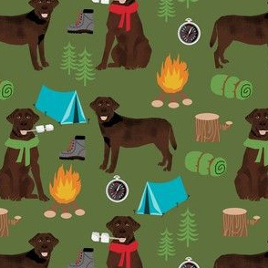 chocolate labrador dog camping pattern fabric - dog fabric,  pattern, labrador fabric, camping fabric, dog design - green