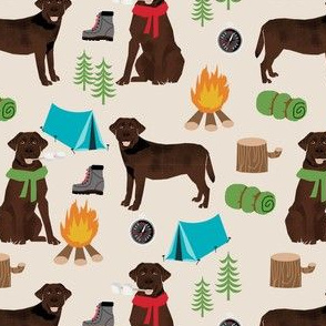 chocolate labrador dog camping pattern fabric - dog fabric,  pattern, labrador fabric, camping fabric, dog design - tan