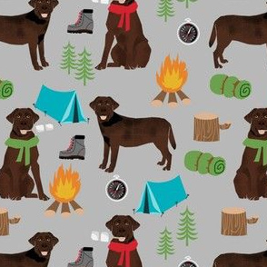 chocolate labrador dog camping pattern fabric - dog fabric,  pattern, labrador fabric, camping fabric, dog design - grey