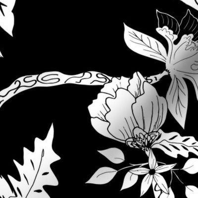 Black and White Peony Branch Mural