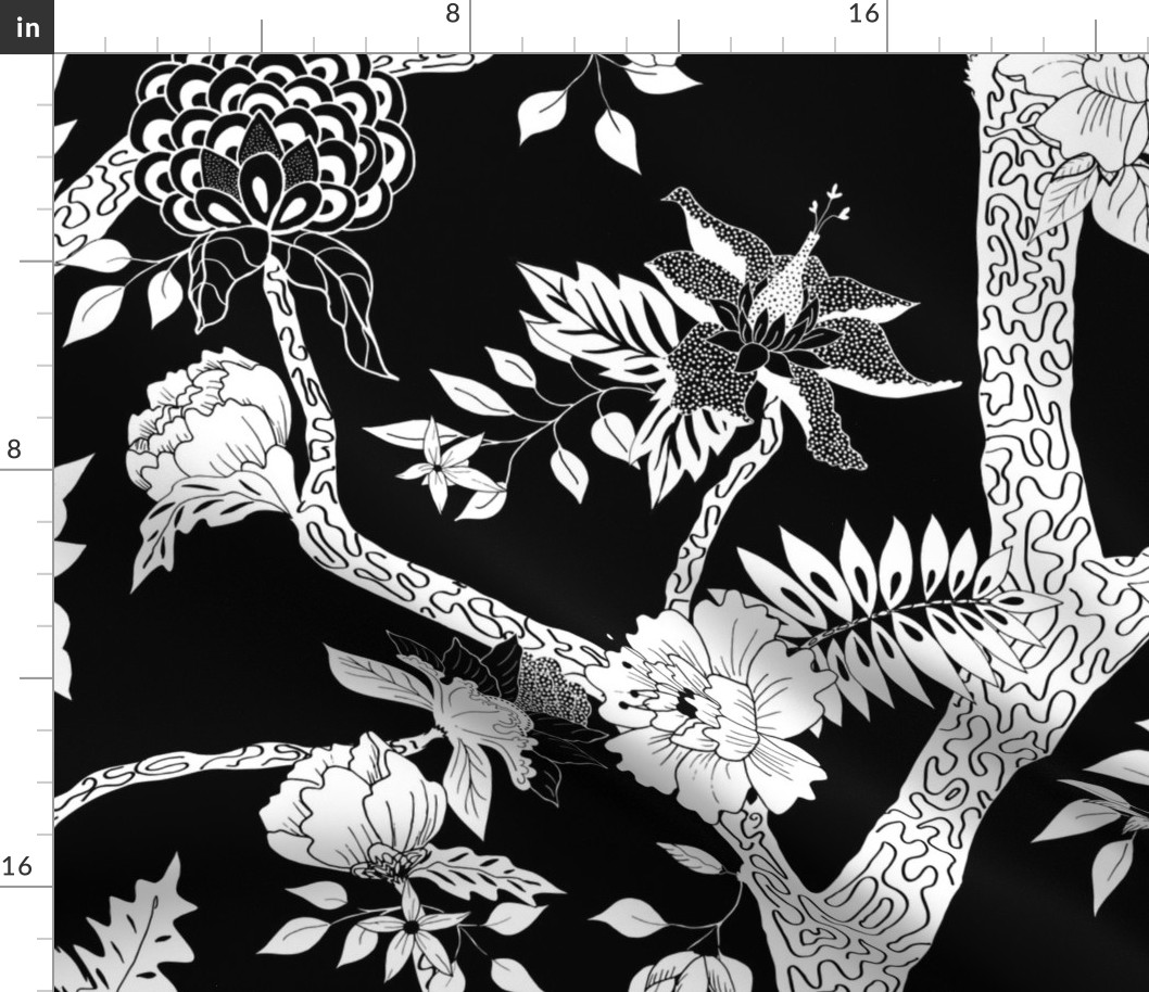 Black and White Peony Branch Mural