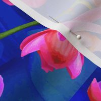 Hot Pink Orchid Flowers, Lush Botanic Garden Floral Blue Pattern, Vibrant Colors (Medium Scale)