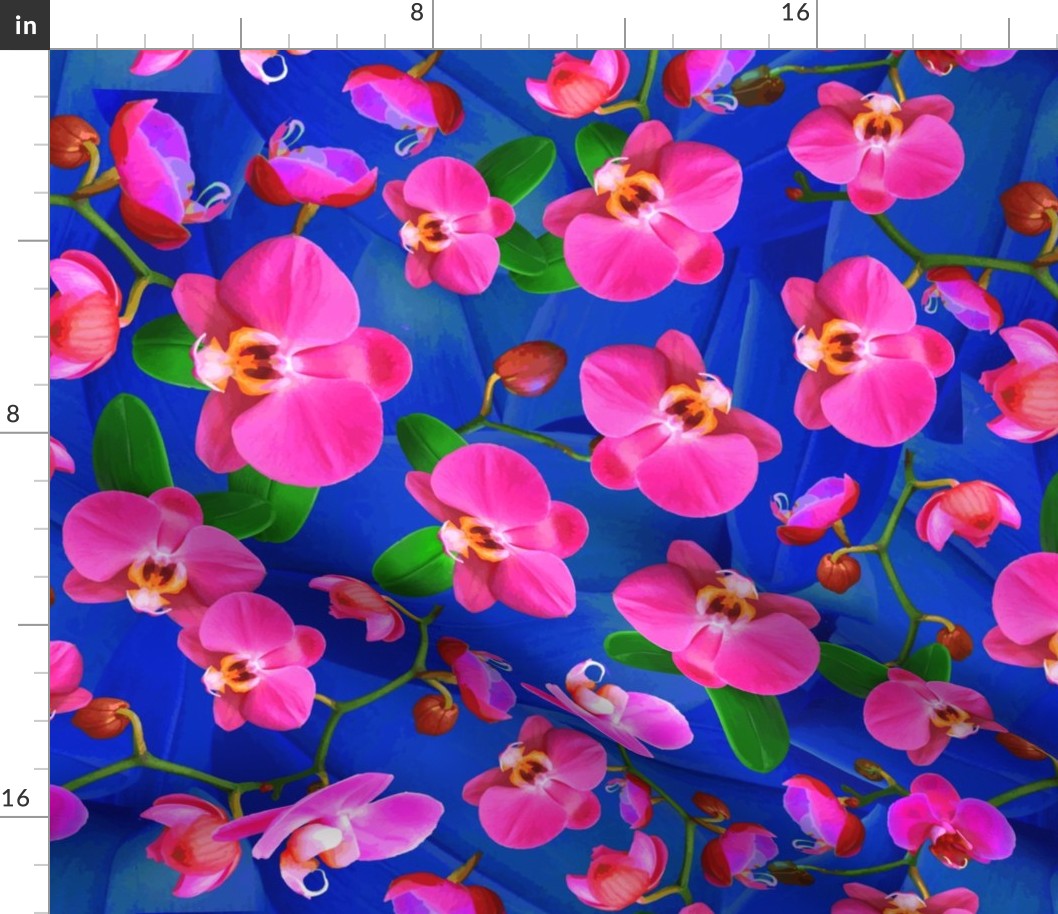 Hot Pink Orchid Flowers, Lush Botanic Garden Floral Blue Pattern, Vibrant Colors (Medium Scale)