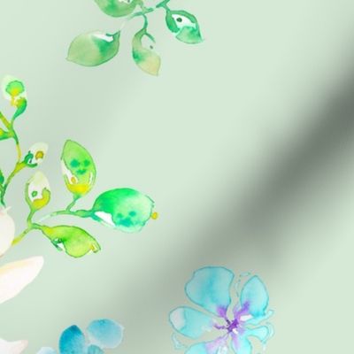 Tropical flowers on light green in loose watercolor. Use the design for a swimsuit or bikini, bathroom wallpaper or kitchen home décor.