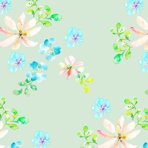 Tropical flowers on light green in loose watercolor. Use the design for a swimsuit or bikini, bathroom wallpaper or kitchen home décor.