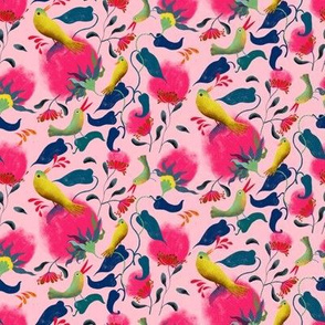pink fluffy flowers and yellow birds