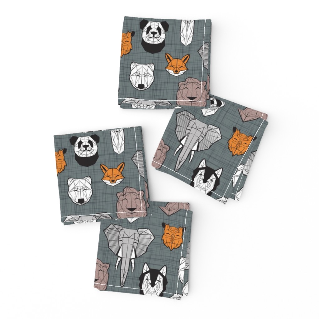 Small scale // Friendly Geometric Animals // green grey linen texture background black and white orange brown and grey deers bears foxes wolves elephants raccoons lions owls and pandas