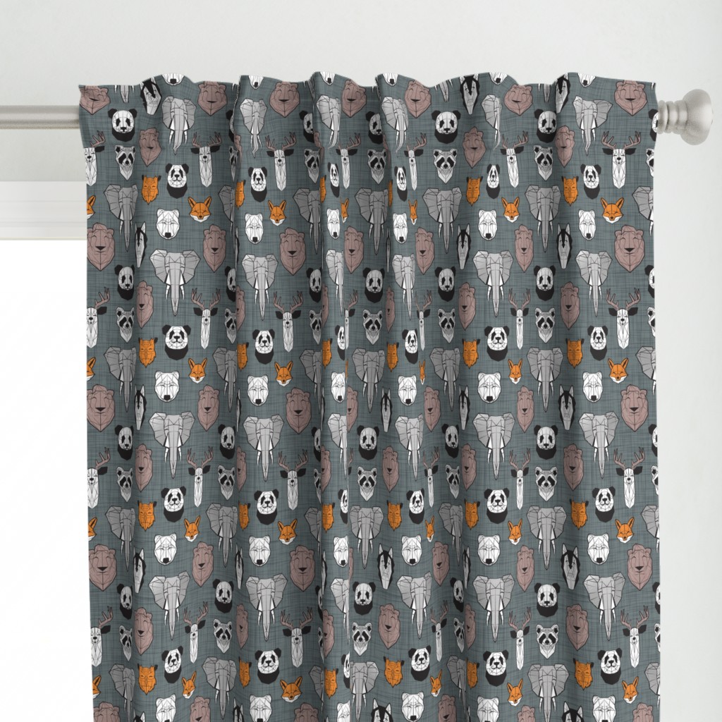 Small scale // Friendly Geometric Animals // green grey linen texture background black and white orange brown and grey deers bears foxes wolves elephants raccoons lions owls and pandas