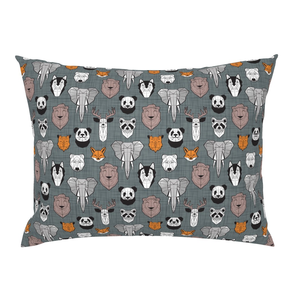 Small scale // Friendly Geometric Animals // green grey linen texture background black and white orange brown and grey deers bears foxes wolves elephants raccoons lions owls and pandas