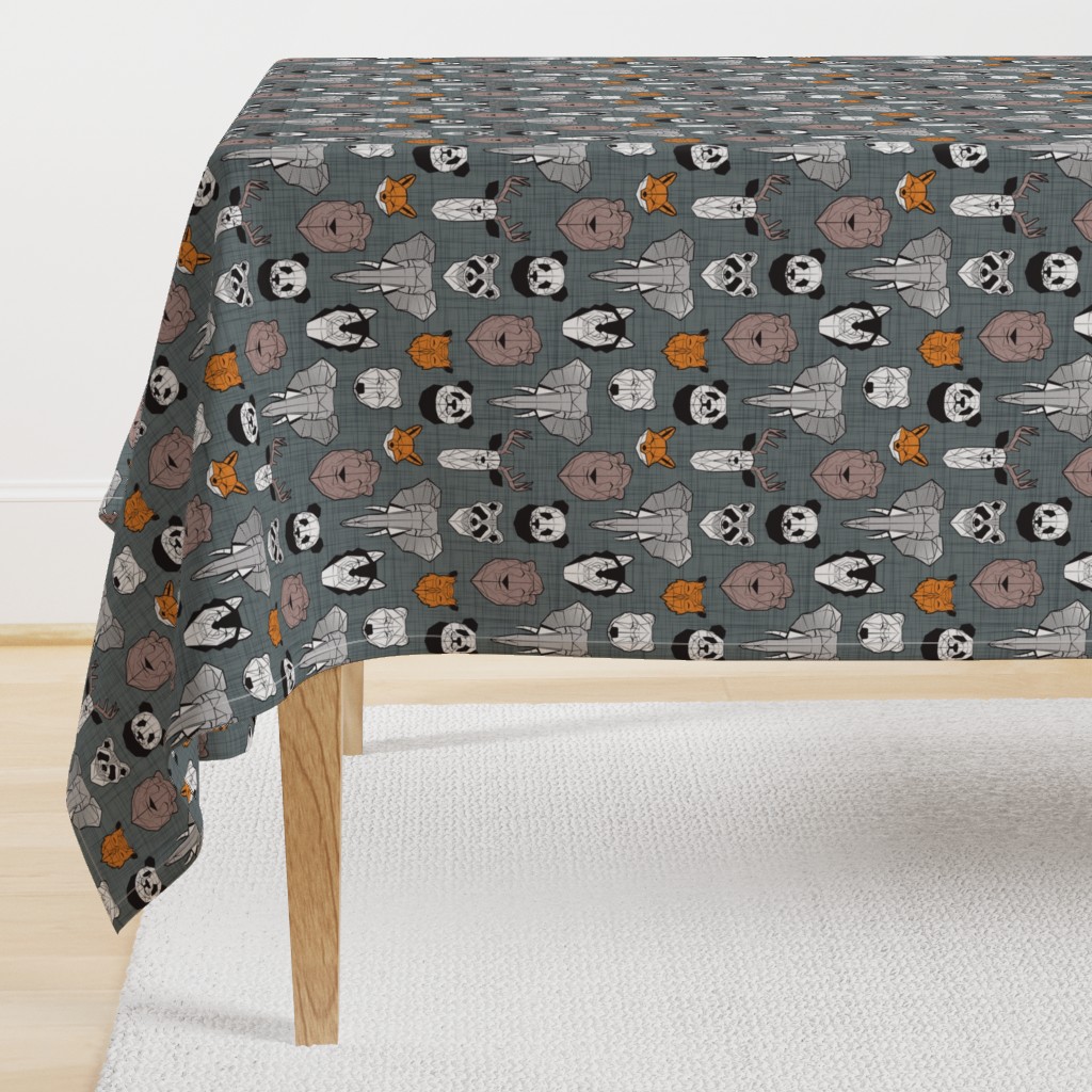 Small scale // Friendly Geometric Animals // green grey linen texture background black and white orange brown and grey deers bears foxes wolves elephants raccoons lions owls and pandas