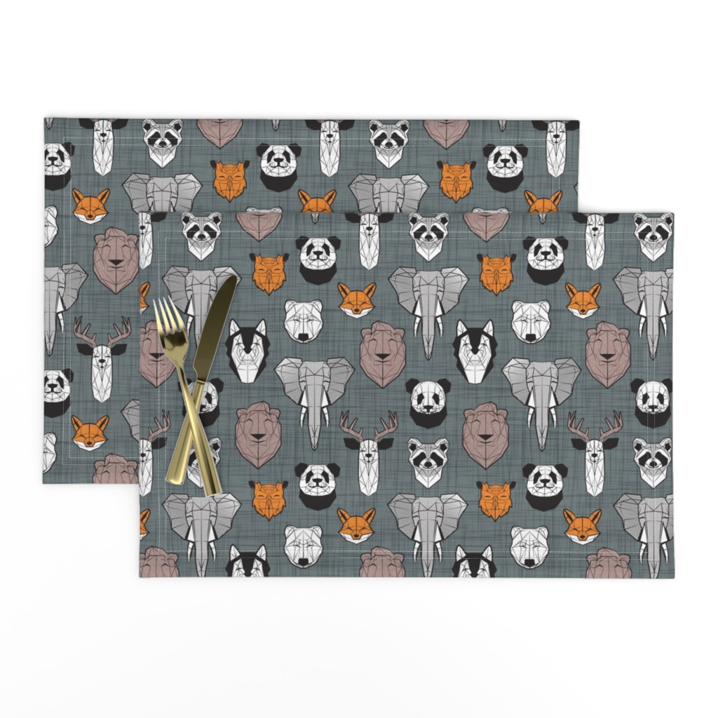 Small scale // Friendly Geometric Animals // green grey linen texture background black and white orange brown and grey deers bears foxes wolves elephants raccoons lions owls and pandas