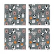 Small scale // Friendly Geometric Animals // green grey linen texture background black and white orange brown and grey deers bears foxes wolves elephants raccoons lions owls and pandas