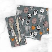 Small scale // Friendly Geometric Animals // green grey linen texture background black and white orange brown and grey deers bears foxes wolves elephants raccoons lions owls and pandas
