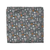 Small scale // Friendly Geometric Animals // green grey linen texture background black and white orange brown and grey deers bears foxes wolves elephants raccoons lions owls and pandas