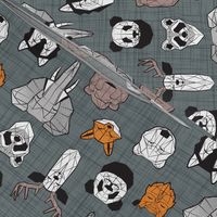 Small scale // Friendly Geometric Animals // green grey linen texture background black and white orange brown and grey deers bears foxes wolves elephants raccoons lions owls and pandas