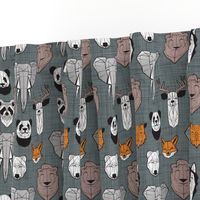 Small scale // Friendly Geometric Animals // green grey linen texture background black and white orange brown and grey deers bears foxes wolves elephants raccoons lions owls and pandas