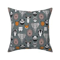 Small scale // Friendly Geometric Animals // green grey linen texture background black and white orange brown and grey deers bears foxes wolves elephants raccoons lions owls and pandas