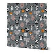 Small scale // Friendly Geometric Animals // green grey linen texture background black and white orange brown and grey deers bears foxes wolves elephants raccoons lions owls and pandas