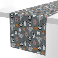 Small scale // Friendly Geometric Animals // green grey linen texture background black and white orange brown and grey deers bears foxes wolves elephants raccoons lions owls and pandas