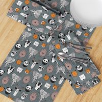 Small scale // Friendly Geometric Animals // green grey linen texture background black and white orange brown and grey deers bears foxes wolves elephants raccoons lions owls and pandas