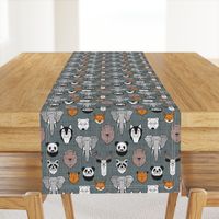 Small scale // Friendly Geometric Animals // green grey linen texture background black and white orange brown and grey deers bears foxes wolves elephants raccoons lions owls and pandas