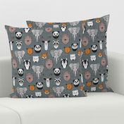 Small scale // Friendly Geometric Animals // green grey linen texture background black and white orange brown and grey deers bears foxes wolves elephants raccoons lions owls and pandas