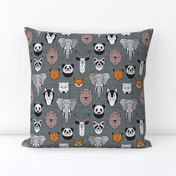 Small scale // Friendly Geometric Animals // green grey linen texture background black and white orange brown and grey deers bears foxes wolves elephants raccoons lions owls and pandas