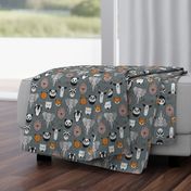 Small scale // Friendly Geometric Animals // green grey linen texture background black and white orange brown and grey deers bears foxes wolves elephants raccoons lions owls and pandas