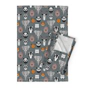 Small scale // Friendly Geometric Animals // green grey linen texture background black and white orange brown and grey deers bears foxes wolves elephants raccoons lions owls and pandas