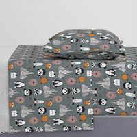 Small scale // Friendly Geometric Animals // green grey linen texture background black and white orange brown and grey deers bears foxes wolves elephants raccoons lions owls and pandas