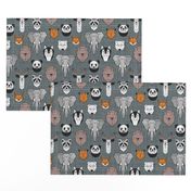 Small scale // Friendly Geometric Animals // green grey linen texture background black and white orange brown and grey deers bears foxes wolves elephants raccoons lions owls and pandas