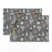 Small scale // Friendly Geometric Animals // green grey linen texture background black and white orange brown and grey deers bears foxes wolves elephants raccoons lions owls and pandas