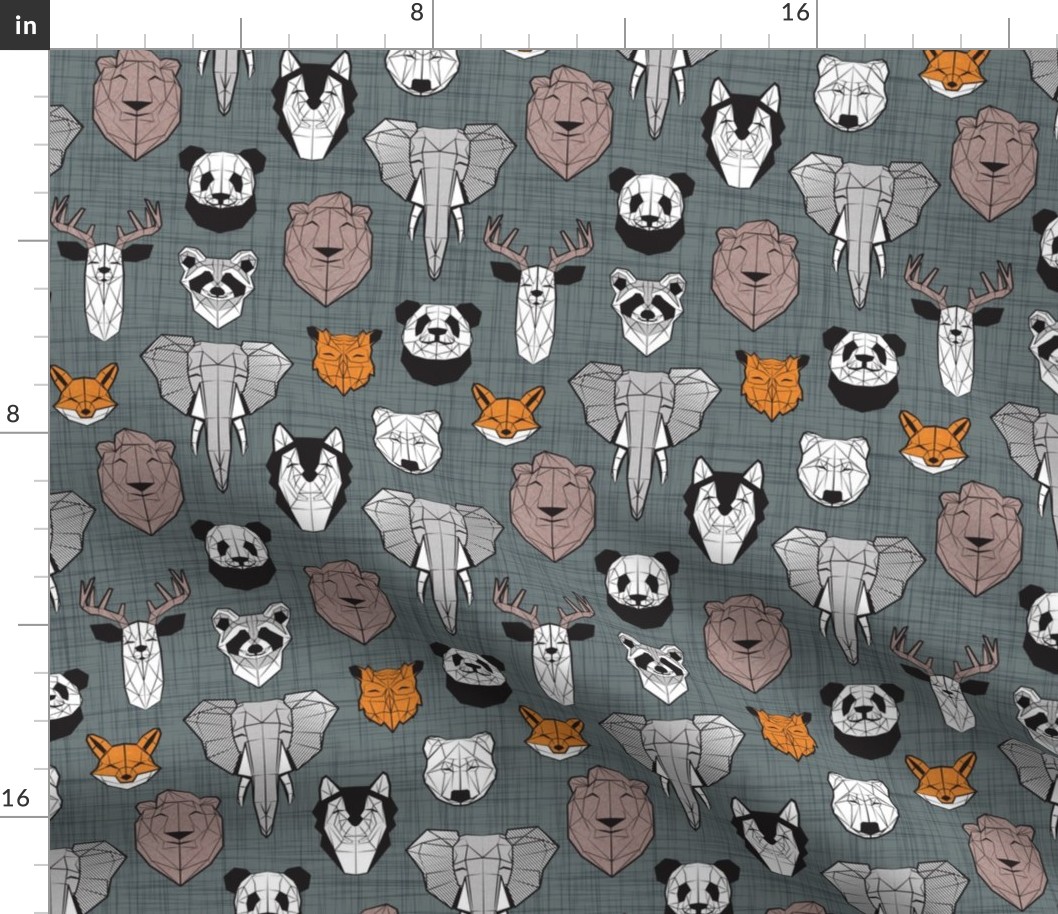 Small scale // Friendly Geometric Animals // green grey linen texture background black and white orange brown and grey deers bears foxes wolves elephants raccoons lions owls and pandas