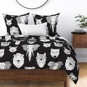 Jumbo large scale // Friendly Geometric Animals // black background white deers bears foxes wolves elephants raccoons lions owls and pandas