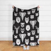 Jumbo large scale // Friendly Geometric Animals // black background white deers bears foxes wolves elephants raccoons lions owls and pandas