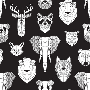 Jumbo large scale // Friendly Geometric Animals // black background white deers bears foxes wolves elephants raccoons lions owls and pandas
