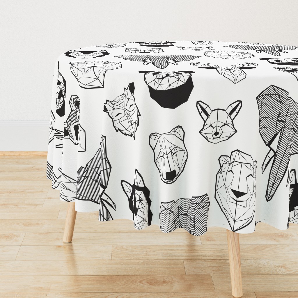 Jumbo large scale // Friendly Geometric Animals // white background black and white deers bears foxes wolves elephants raccoons lions owls and pandas