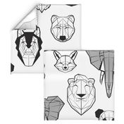 Jumbo large scale // Friendly Geometric Animals // white background black and white deers bears foxes wolves elephants raccoons lions owls and pandas